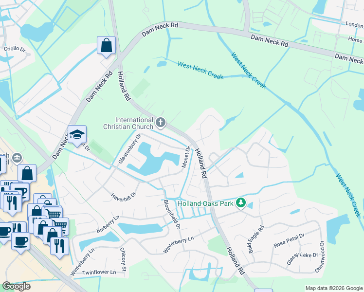 map of restaurants, bars, coffee shops, grocery stores, and more near 3012 Glastonbury Drive in Virginia Beach