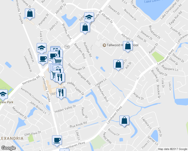 map of restaurants, bars, coffee shops, grocery stores, and more near 5420 Beaufain Boulevard in Virginia Beach