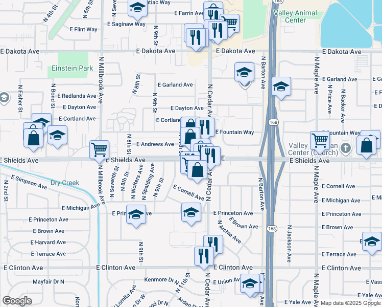 map of restaurants, bars, coffee shops, grocery stores, and more near 4125 East Shields Avenue in Fresno