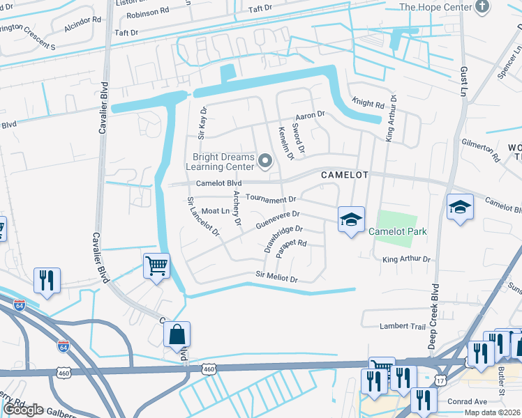 map of restaurants, bars, coffee shops, grocery stores, and more near 909 Guenevere Court in Chesapeake