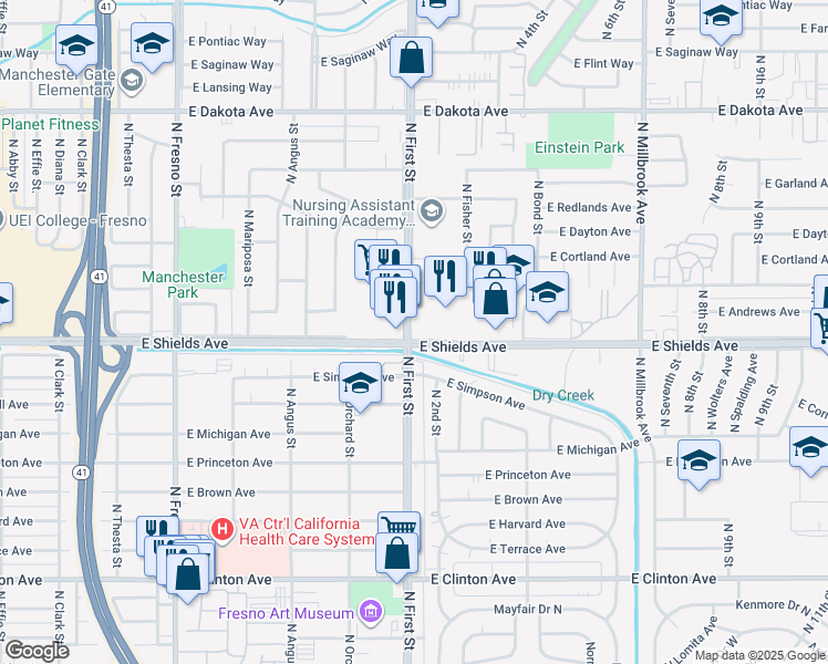 map of restaurants, bars, coffee shops, grocery stores, and more near 3109 East Shields Avenue in Fresno