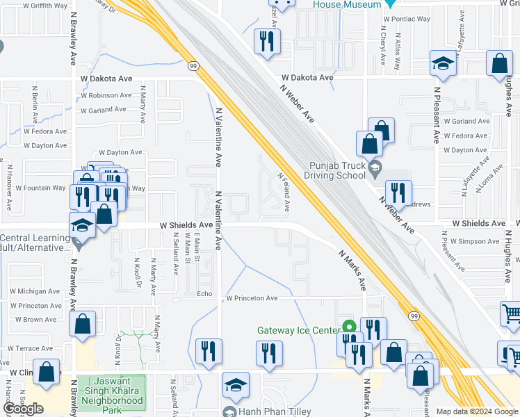 map of restaurants, bars, coffee shops, grocery stores, and more near 3027 North Prospect Avenue in Fresno