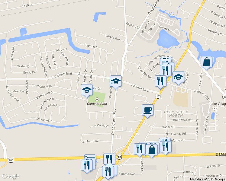 map of restaurants, bars, coffee shops, grocery stores, and more near 1021 Keltic Circle in Chesapeake