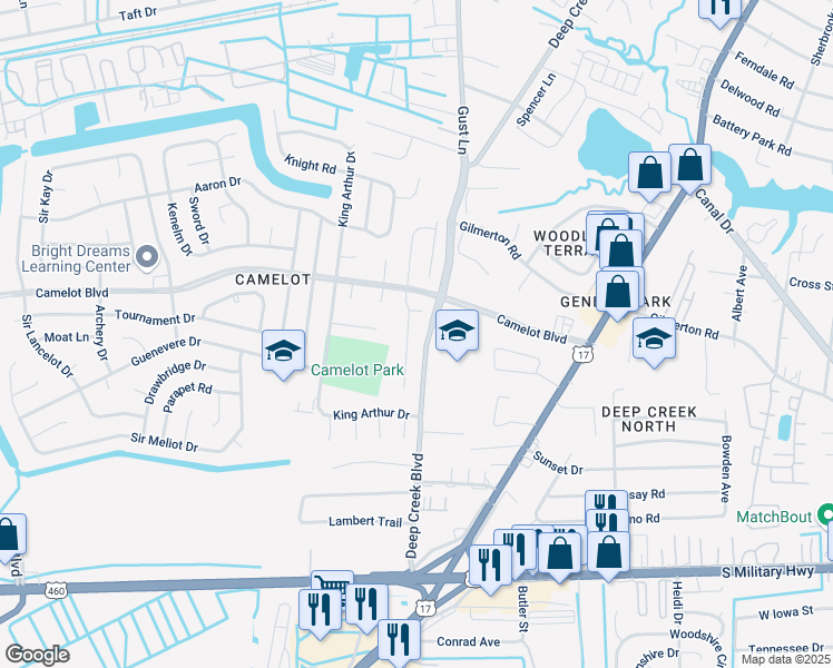 map of restaurants, bars, coffee shops, grocery stores, and more near 1021 Keltic Circle in Chesapeake