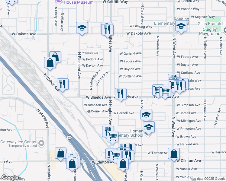 map of restaurants, bars, coffee shops, grocery stores, and more near 3240 North Hughes Avenue in Fresno