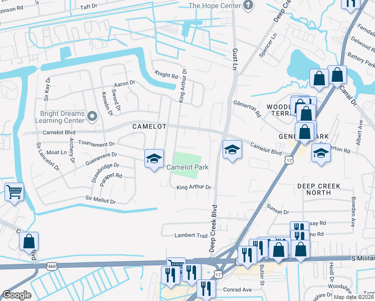 map of restaurants, bars, coffee shops, grocery stores, and more near 2819 Eric Court in Chesapeake