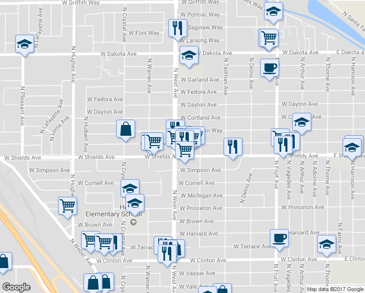map of restaurants, bars, coffee shops, grocery stores, and more near 1229 West Andrews in Fresno
