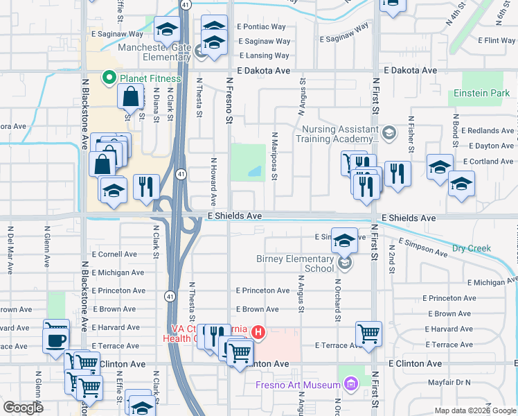 map of restaurants, bars, coffee shops, grocery stores, and more near 2625 East Shields Avenue in Fresno