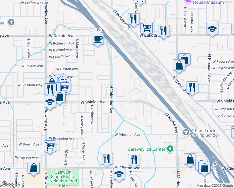 map of restaurants, bars, coffee shops, grocery stores, and more near 3380 West Shields Avenue in Fresno