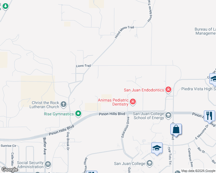 map of restaurants, bars, coffee shops, grocery stores, and more near 5740 Los Arcos Drive in Farmington