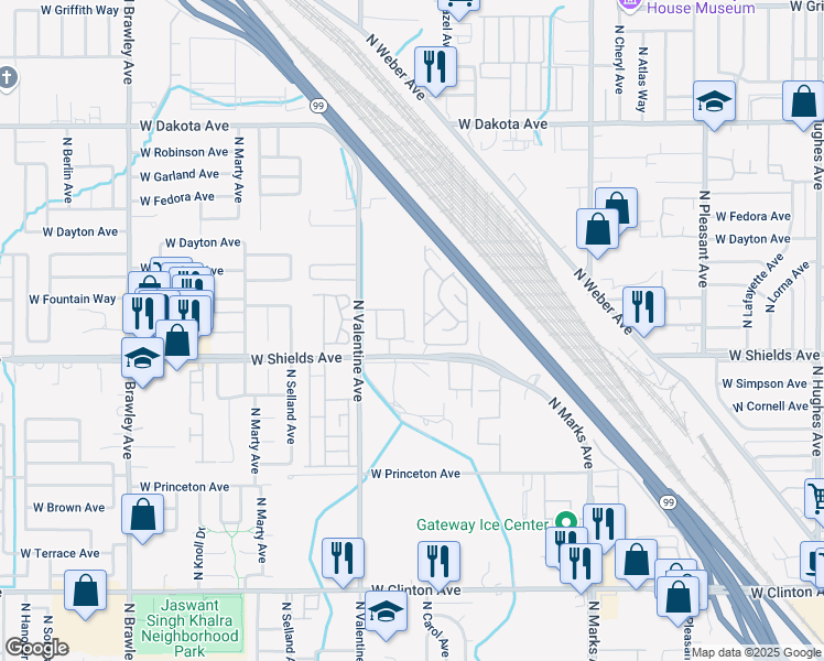map of restaurants, bars, coffee shops, grocery stores, and more near 3027 North Prospect Avenue in Fresno