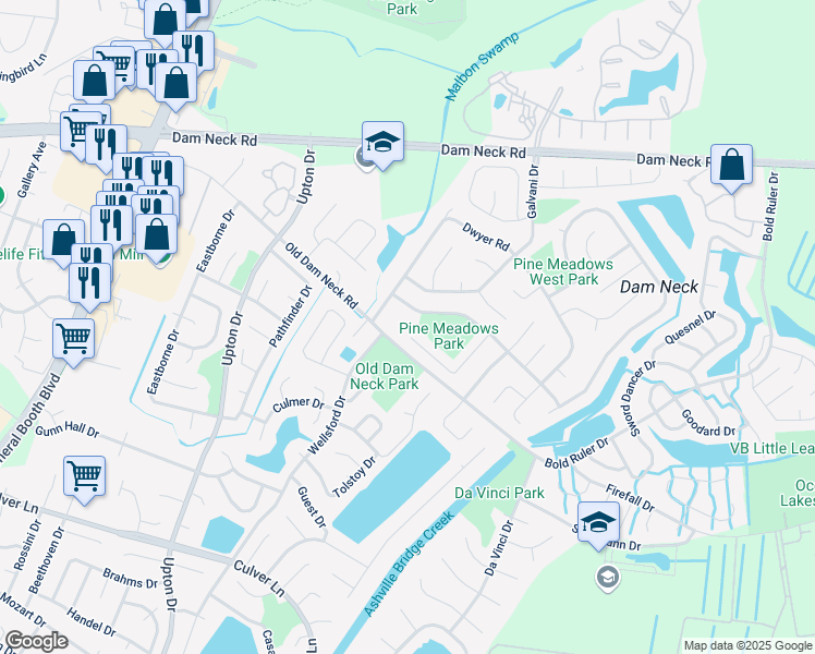 map of restaurants, bars, coffee shops, grocery stores, and more near 894 Old Dam Neck Road in Virginia Beach