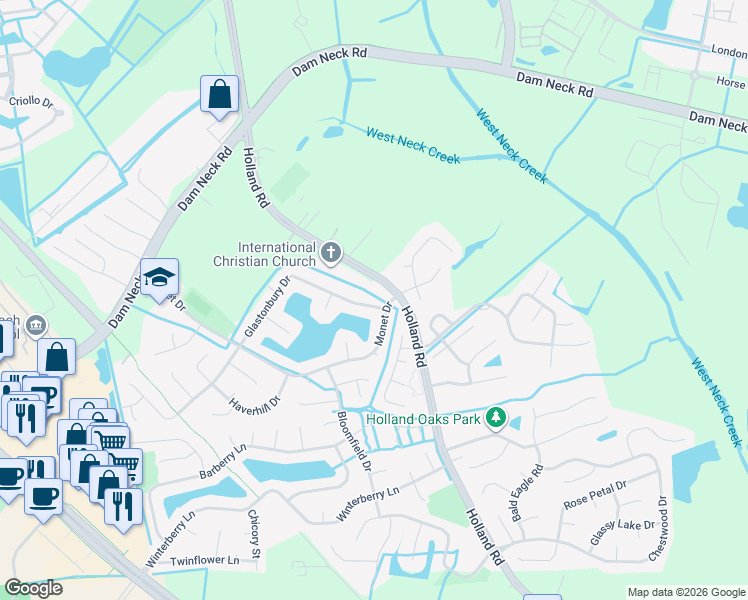 map of restaurants, bars, coffee shops, grocery stores, and more near 3012 Glastonbury Drive in Virginia Beach