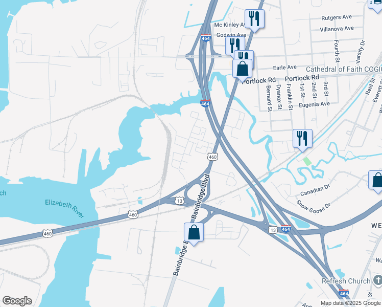 map of restaurants, bars, coffee shops, grocery stores, and more near 4340 Alvah Martin Way in Chesapeake