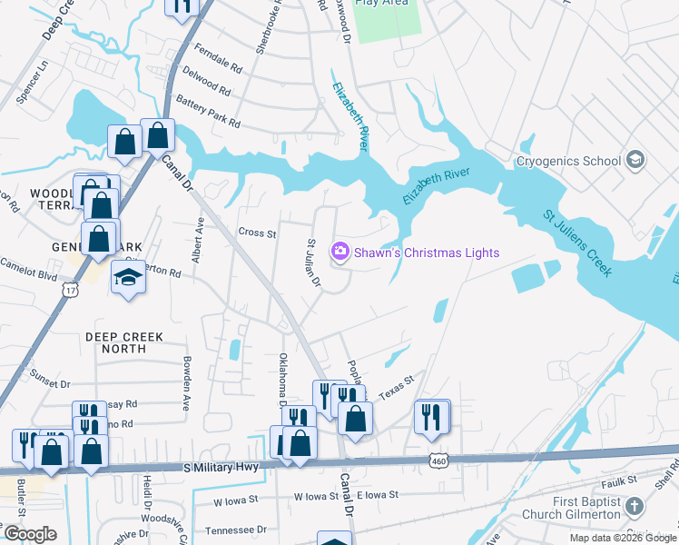 map of restaurants, bars, coffee shops, grocery stores, and more near 1104 Shore Road in Chesapeake