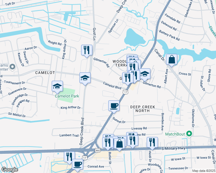 map of restaurants, bars, coffee shops, grocery stores, and more near 2829 Camelot Boulevard in Chesapeake