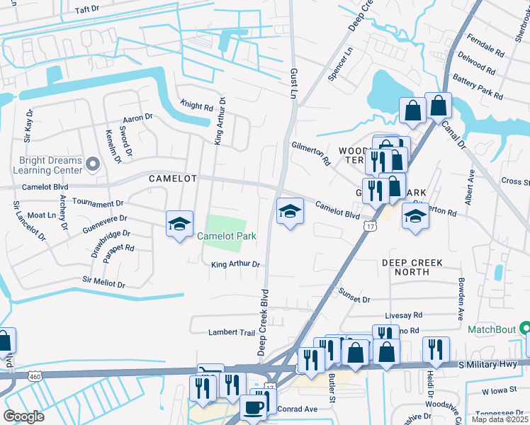 map of restaurants, bars, coffee shops, grocery stores, and more near 1021 Keltic Circle in Chesapeake
