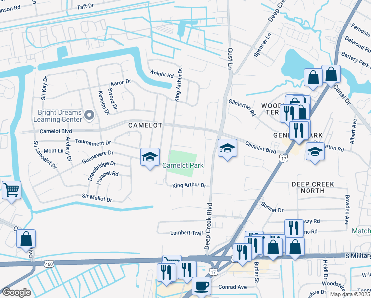 map of restaurants, bars, coffee shops, grocery stores, and more near 2819 Eric Court in Chesapeake