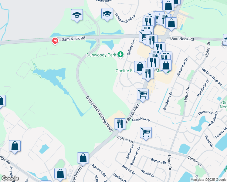map of restaurants, bars, coffee shops, grocery stores, and more near 1637 Walsh Court in Virginia Beach