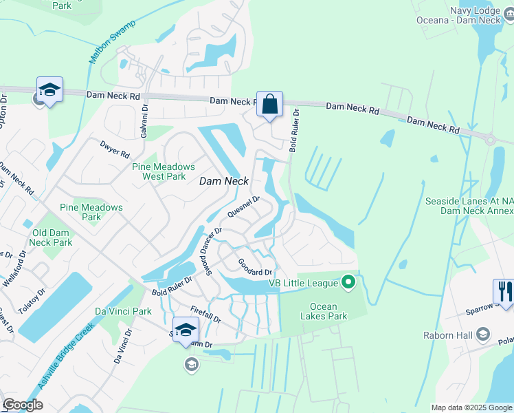 map of restaurants, bars, coffee shops, grocery stores, and more near 803 Quesnel Drive in Virginia Beach