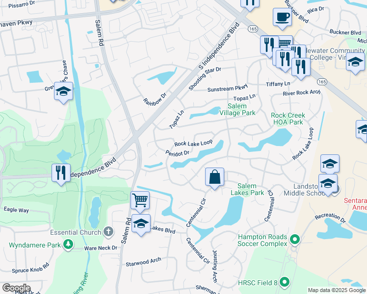 map of restaurants, bars, coffee shops, grocery stores, and more near 1844 Rock Lake Loop in Virginia Beach