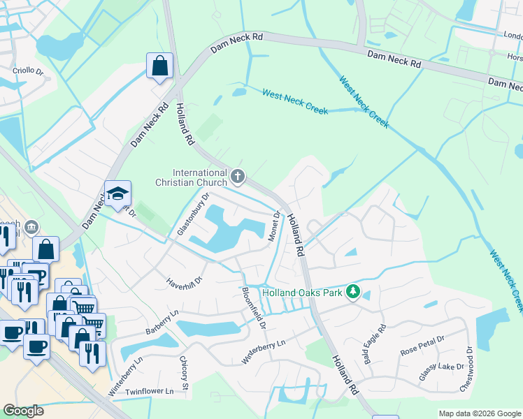 map of restaurants, bars, coffee shops, grocery stores, and more near 3012 Glastonbury Drive in Virginia Beach