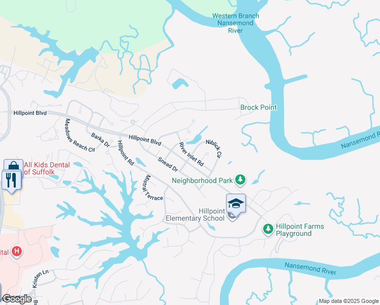 map of restaurants, bars, coffee shops, grocery stores, and more near 213 River Inlet Road in Suffolk