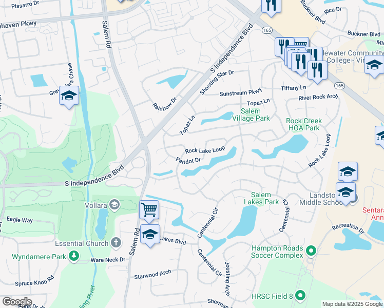 map of restaurants, bars, coffee shops, grocery stores, and more near 1844 Rock Lake Loop in Virginia Beach