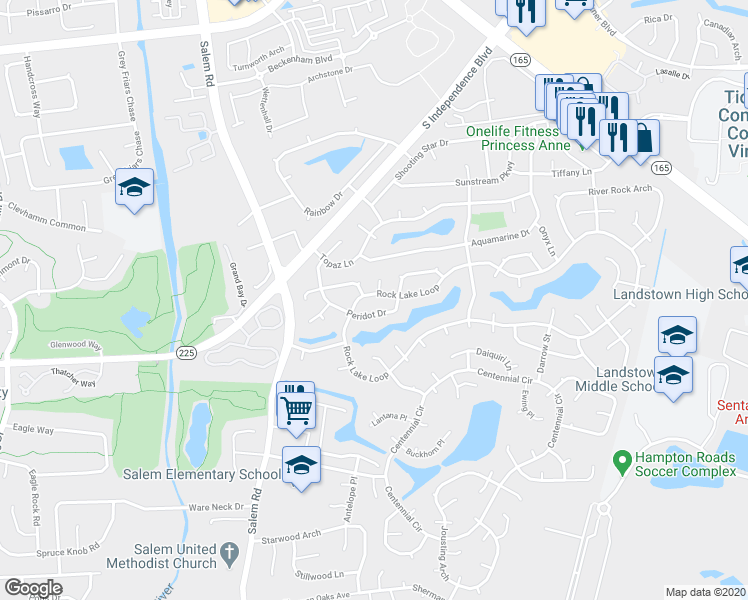 map of restaurants, bars, coffee shops, grocery stores, and more near 1840 Rock Lake Loop in Virginia Beach