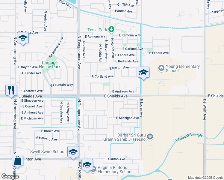 map of restaurants, bars, coffee shops, grocery stores, and more near 3025 North Hornet Avenue in Fresno