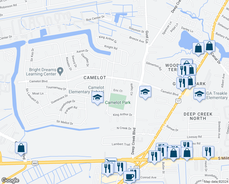 map of restaurants, bars, coffee shops, grocery stores, and more near 2839 Eric Court in Chesapeake