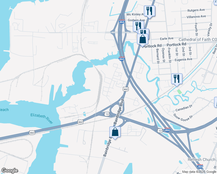 map of restaurants, bars, coffee shops, grocery stores, and more near 588 Marc Smiley Road in Chesapeake