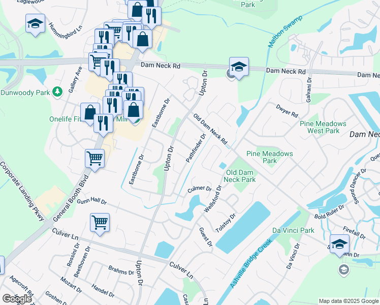 map of restaurants, bars, coffee shops, grocery stores, and more near 1773 Pathfinder Drive in Virginia Beach