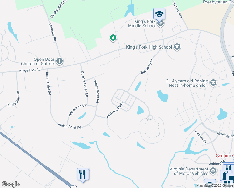 map of restaurants, bars, coffee shops, grocery stores, and more near 2023 Queens Point Drive in Suffolk