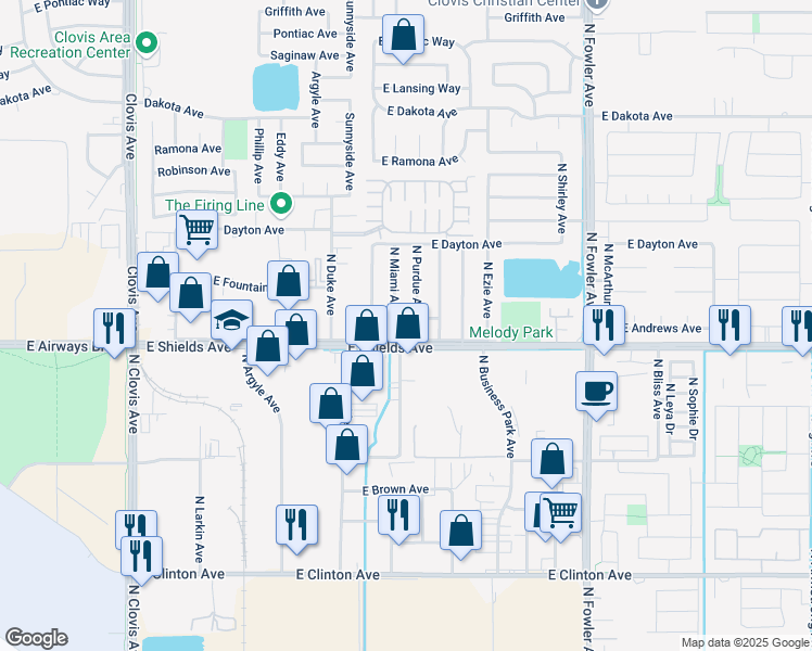 map of restaurants, bars, coffee shops, grocery stores, and more near 5844 East Andrews Avenue in Fresno