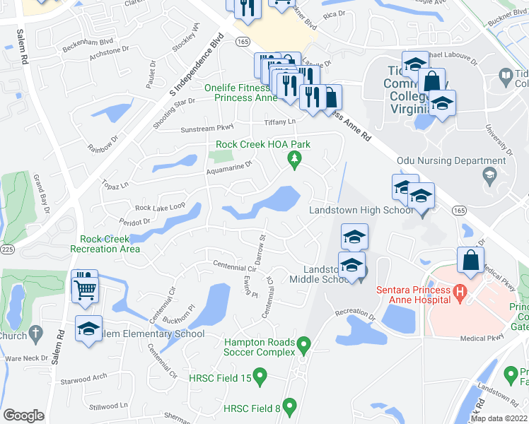 map of restaurants, bars, coffee shops, grocery stores, and more near 1649 Darrow Street in Virginia Beach