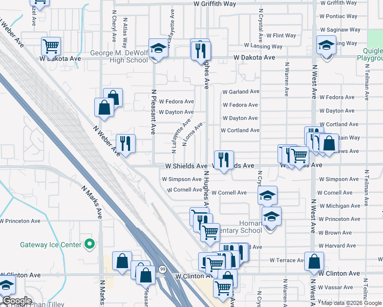map of restaurants, bars, coffee shops, grocery stores, and more near 3241 North Woodson Avenue in Fresno