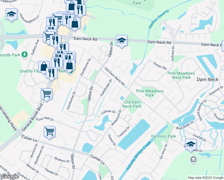 map of restaurants, bars, coffee shops, grocery stores, and more near 1077 Gauguin Drive in Virginia Beach