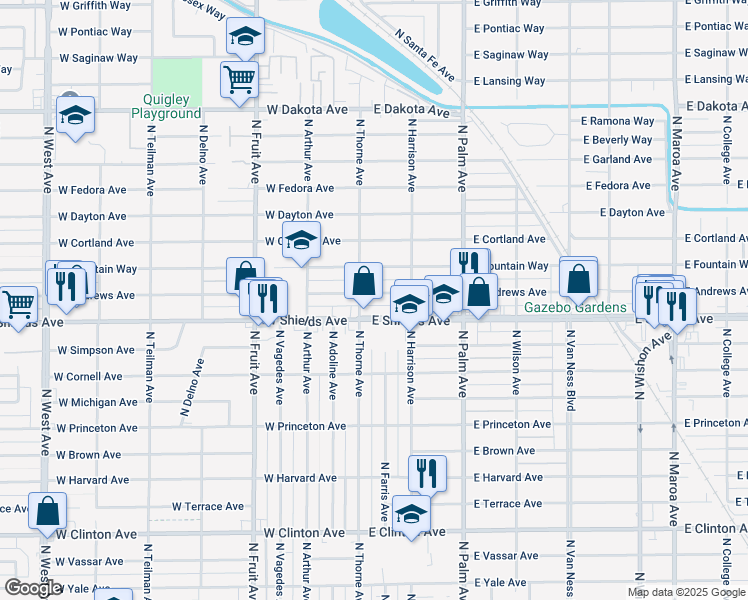 map of restaurants, bars, coffee shops, grocery stores, and more near 24 East Andrews Avenue in Fresno