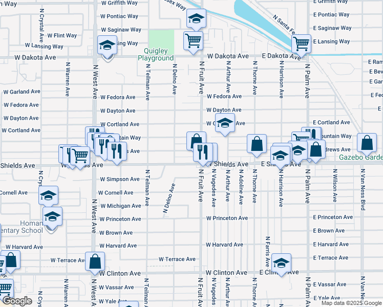 map of restaurants, bars, coffee shops, grocery stores, and more near 535 West Andrews in Fresno