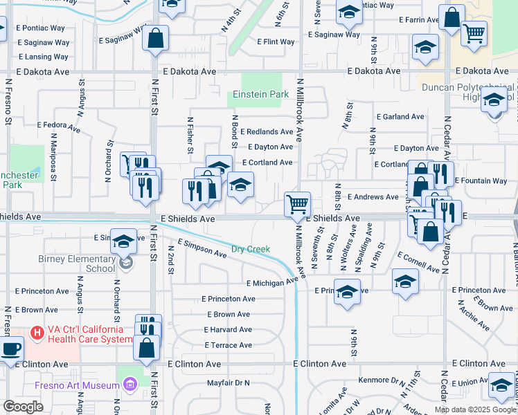 map of restaurants, bars, coffee shops, grocery stores, and more near 3505 East Shields Avenue in Fresno
