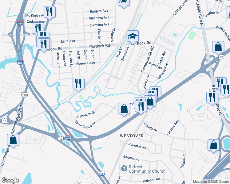 map of restaurants, bars, coffee shops, grocery stores, and more near 2024 Linster Street in Chesapeake