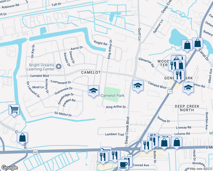 map of restaurants, bars, coffee shops, grocery stores, and more near 2849 Eric Court in Chesapeake