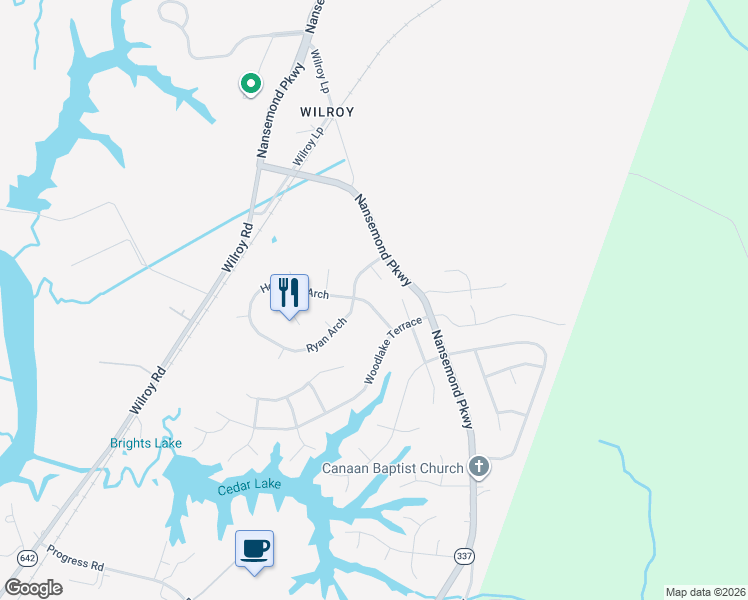map of restaurants, bars, coffee shops, grocery stores, and more near 206 Holbrook Arch in Suffolk