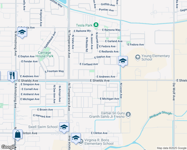 map of restaurants, bars, coffee shops, grocery stores, and more near 3025 North Hornet Avenue in Fresno