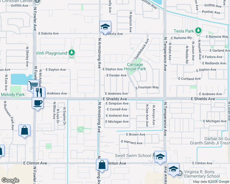 map of restaurants, bars, coffee shops, grocery stores, and more near 3018 North Shelly Avenue in Fresno