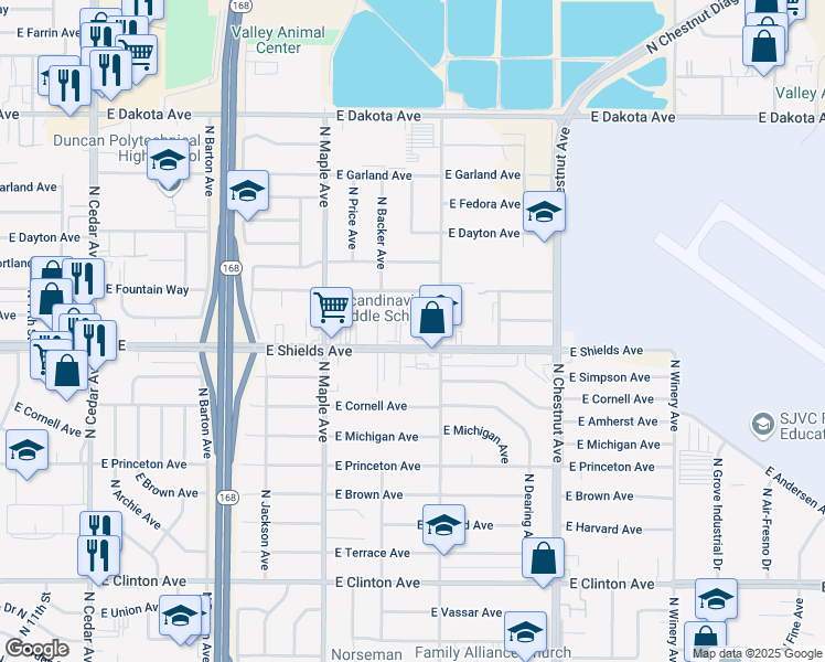 map of restaurants, bars, coffee shops, grocery stores, and more near 4677 East Shields Avenue in Fresno