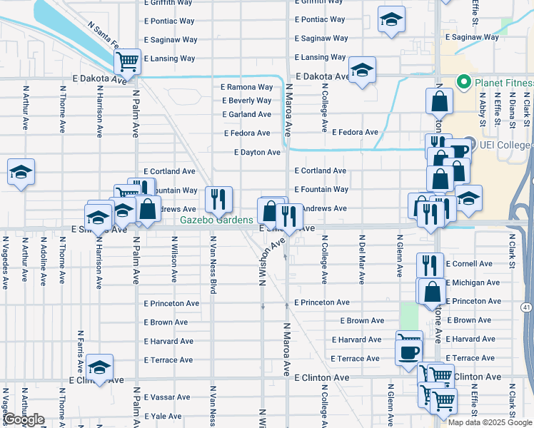 map of restaurants, bars, coffee shops, grocery stores, and more near 826 East Andrews Avenue in Fresno