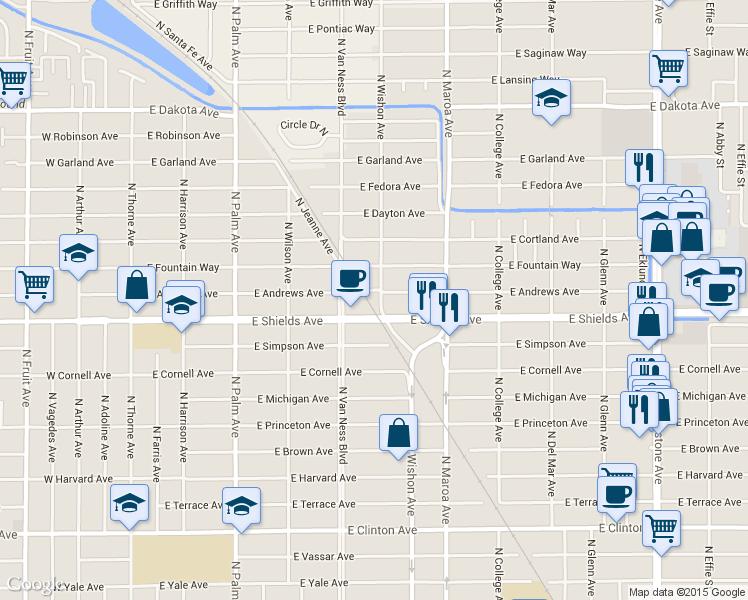 map of restaurants, bars, coffee shops, grocery stores, and more near 718 East Andrews Avenue in Fresno