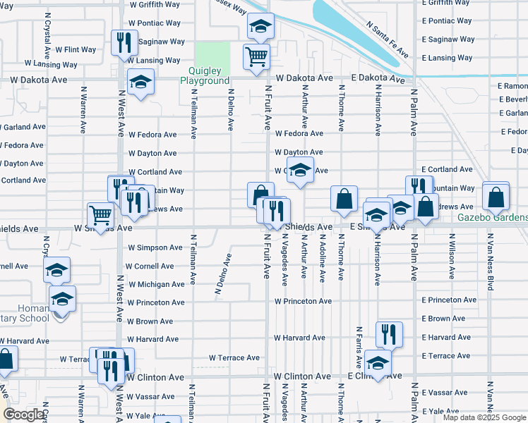 map of restaurants, bars, coffee shops, grocery stores, and more near 535 West Andrews in Fresno